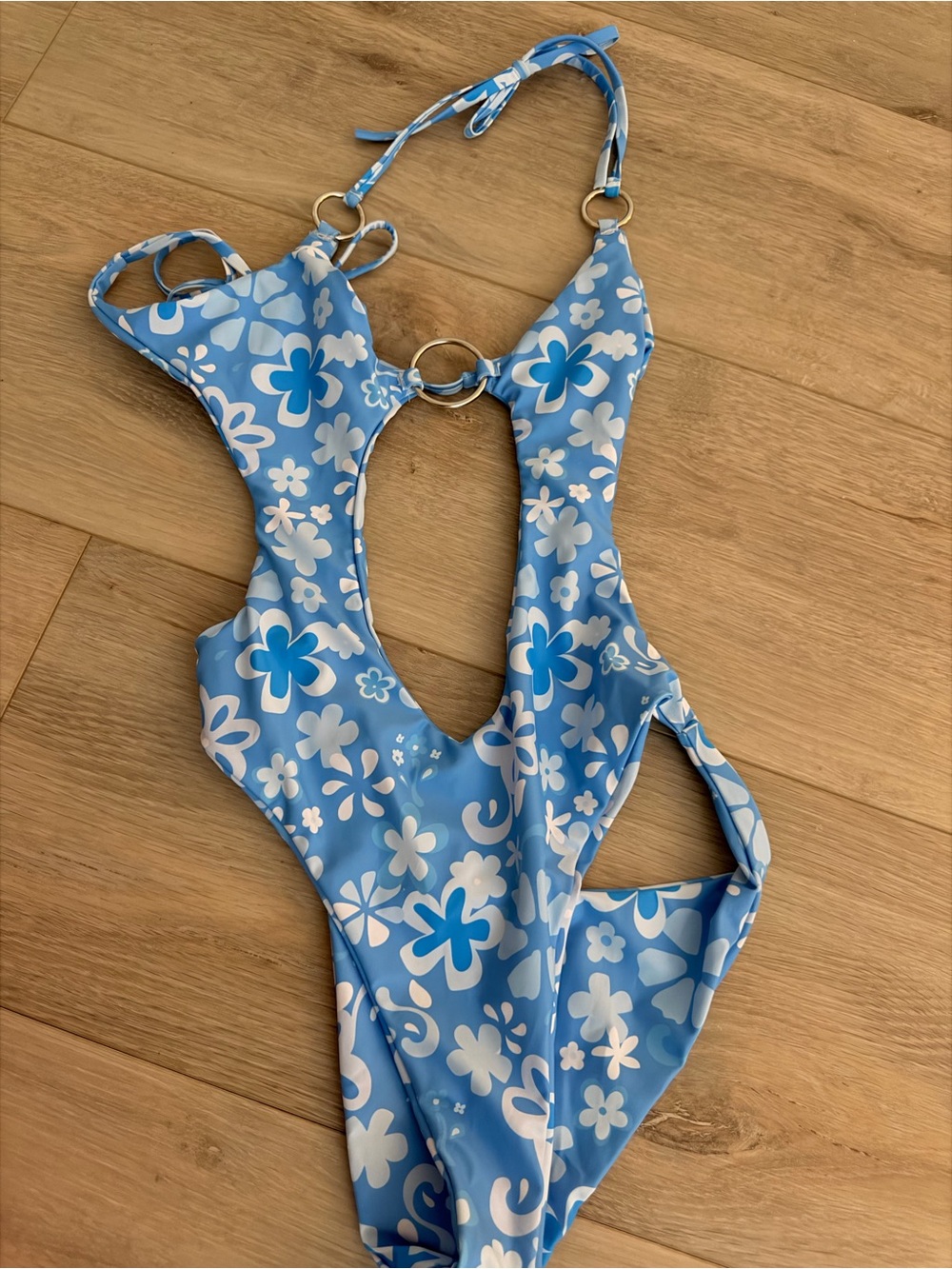 Thats So Fetch - Blue Floral Cut Out One-Piece Swimwear with Ring Detail